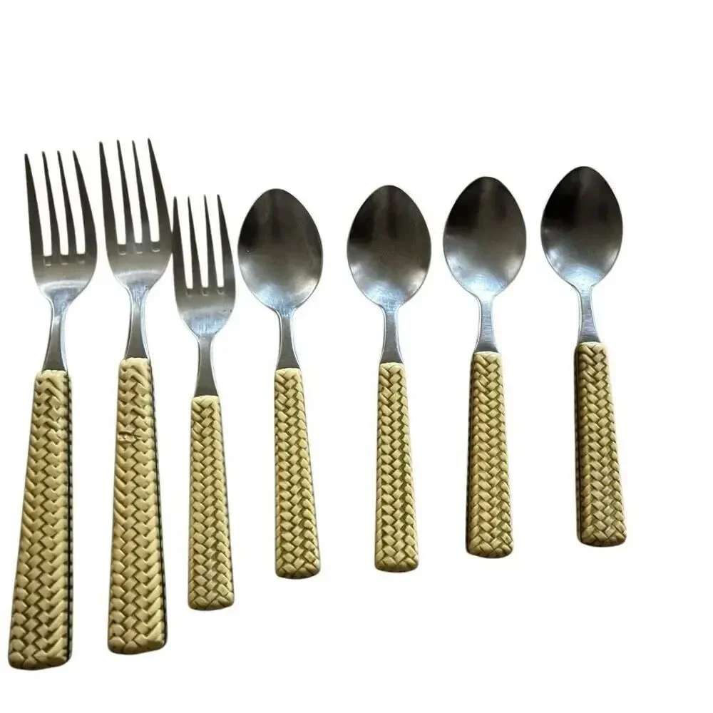 Faux Weaved Bamboo Flatware Lot Of 14